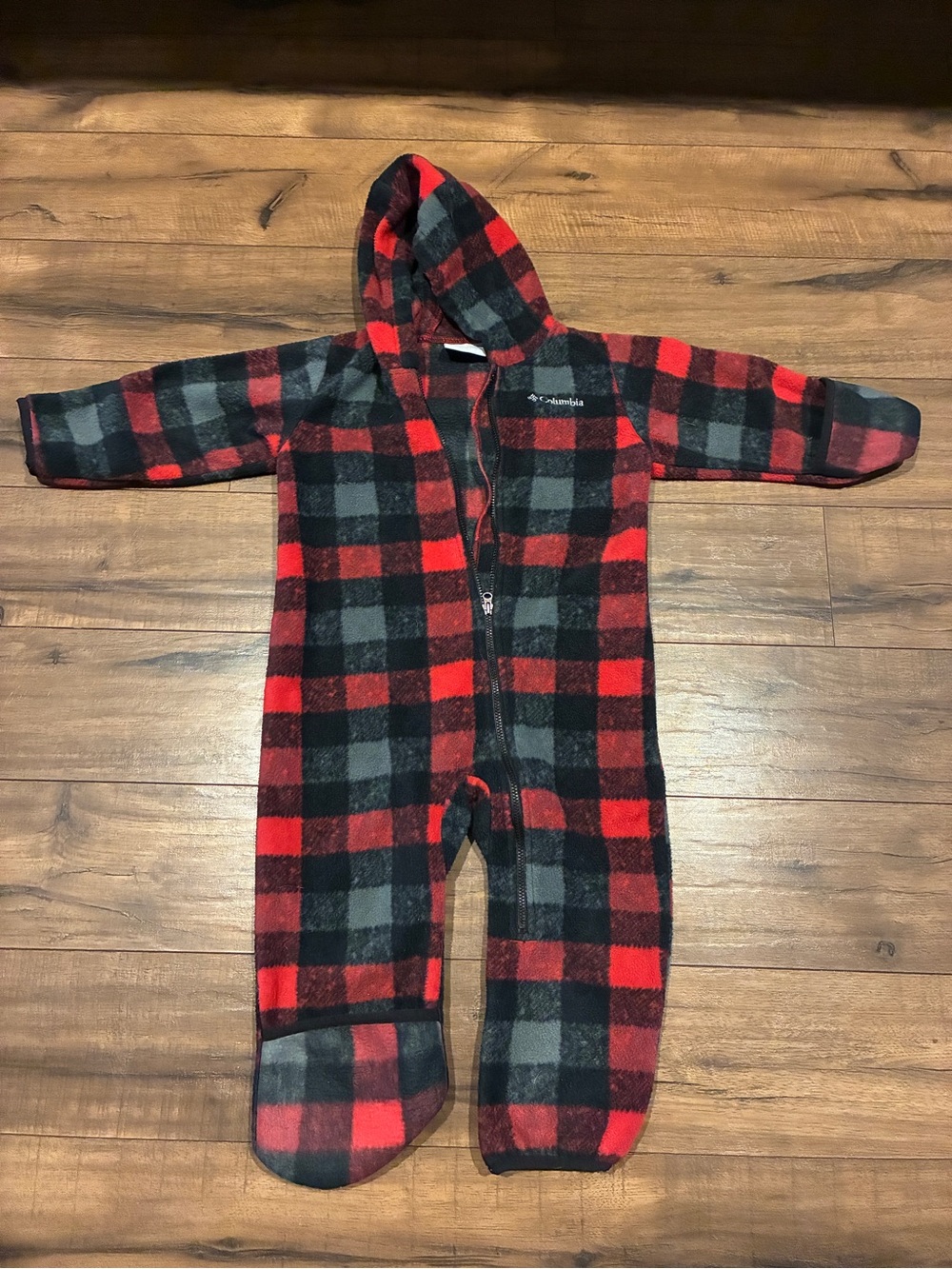 Columbia Red and Black Plaid Hooded Fleece One-Piece Footie